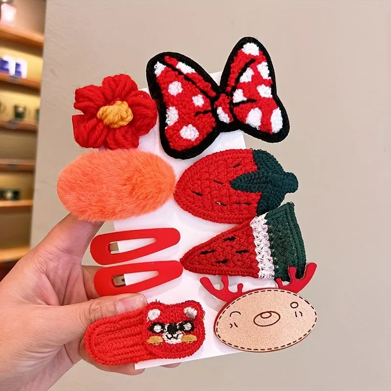 Schattige 9/10-delige Winter Pluche Haarclips – Bloemen & Strikjes