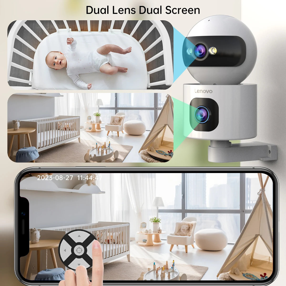 Lenovo 4MP Draadloze Babyfoon Camera met Dubbele Lens – Intelligente Babybewaking met Nachtzicht en Bewegingsdetectie