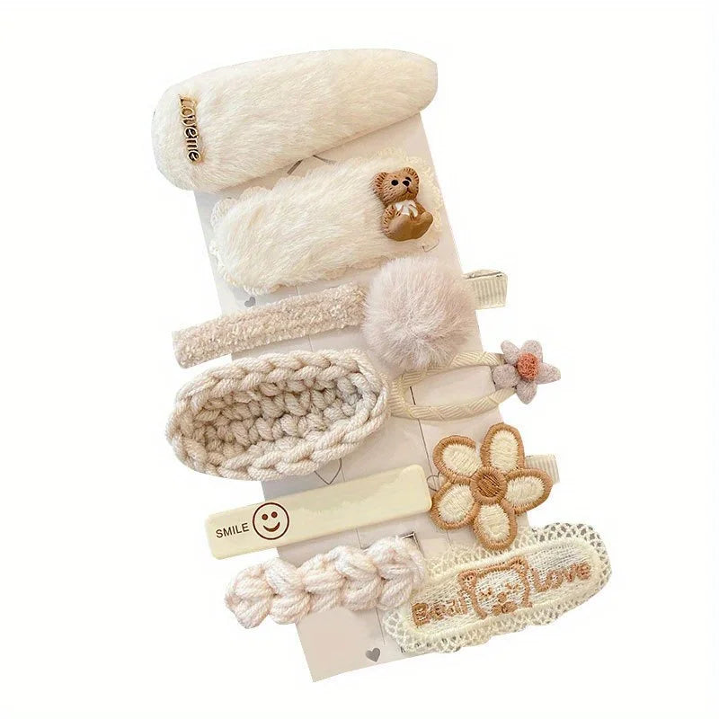 Schattige 9/10-delige Winter Pluche Haarclips – Bloemen & Strikjes