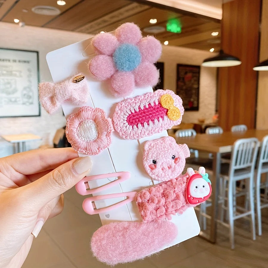 Schattige 9/10-delige Winter Pluche Haarclips – Bloemen & Strikjes