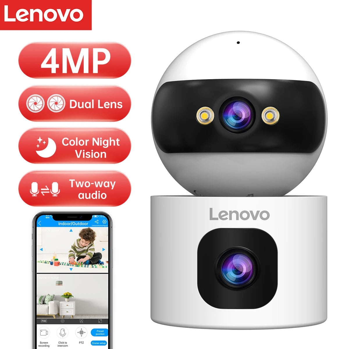 Lenovo 4MP Draadloze Babyfoon Camera met Dubbele Lens – Intelligente Babybewaking met Nachtzicht en Bewegingsdetectie