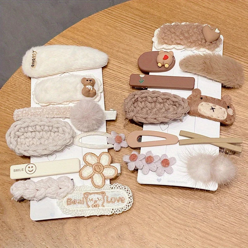 Schattige 9/10-delige Winter Pluche Haarclips – Bloemen & Strikjes