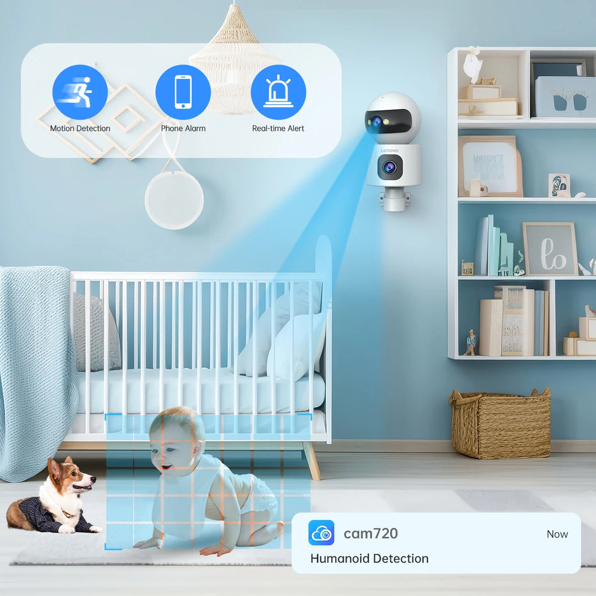 Lenovo 4MP Draadloze Babyfoon Camera met Dubbele Lens – Intelligente Babybewaking met Nachtzicht en Bewegingsdetectie